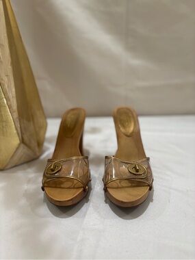 Coach Clear Slide Mules in Tan with Gold Hardware